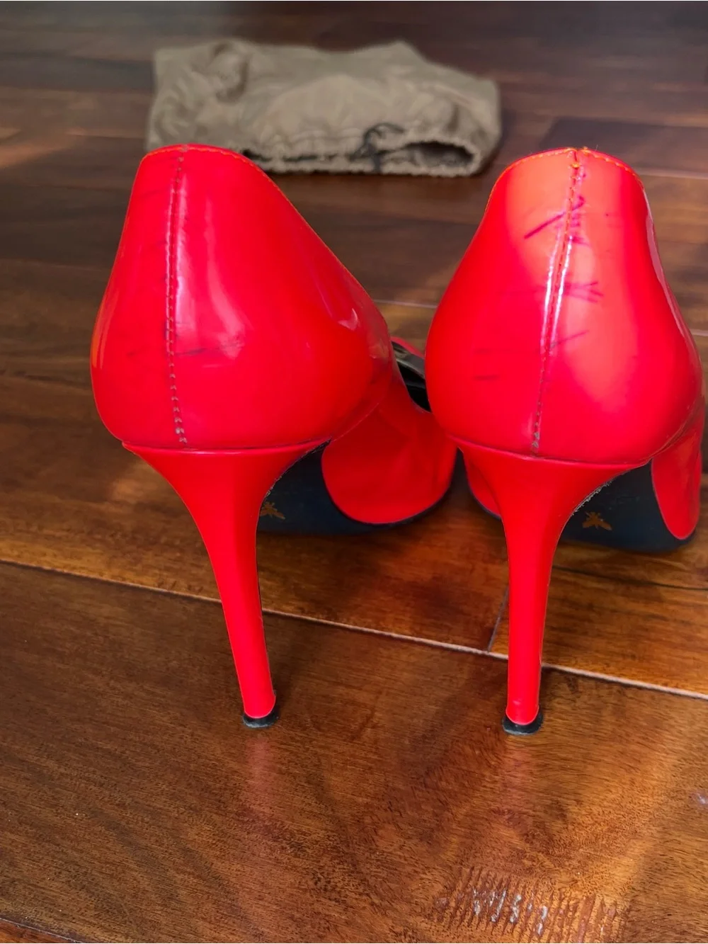 Patrizia Pepe Neon Red Patent Pointed Toe heels with Gold Plaque